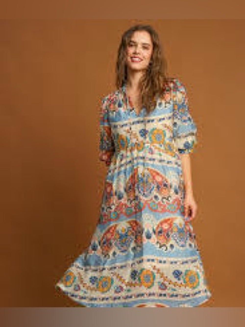 Umgee Border Print Maxi Midi Dress In Blue Mix